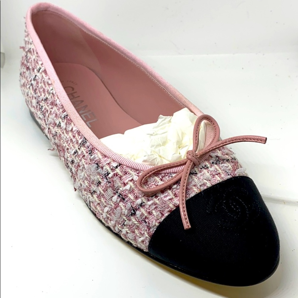CHANEL Pink/Black Tweed/Grosgrain Ballerina Flats